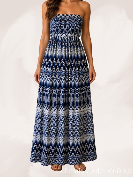 iris Dresses & Skirts - Iris Los Angeles Strapless Maxi Dress Women’s Small Blue White Tribal Chevron